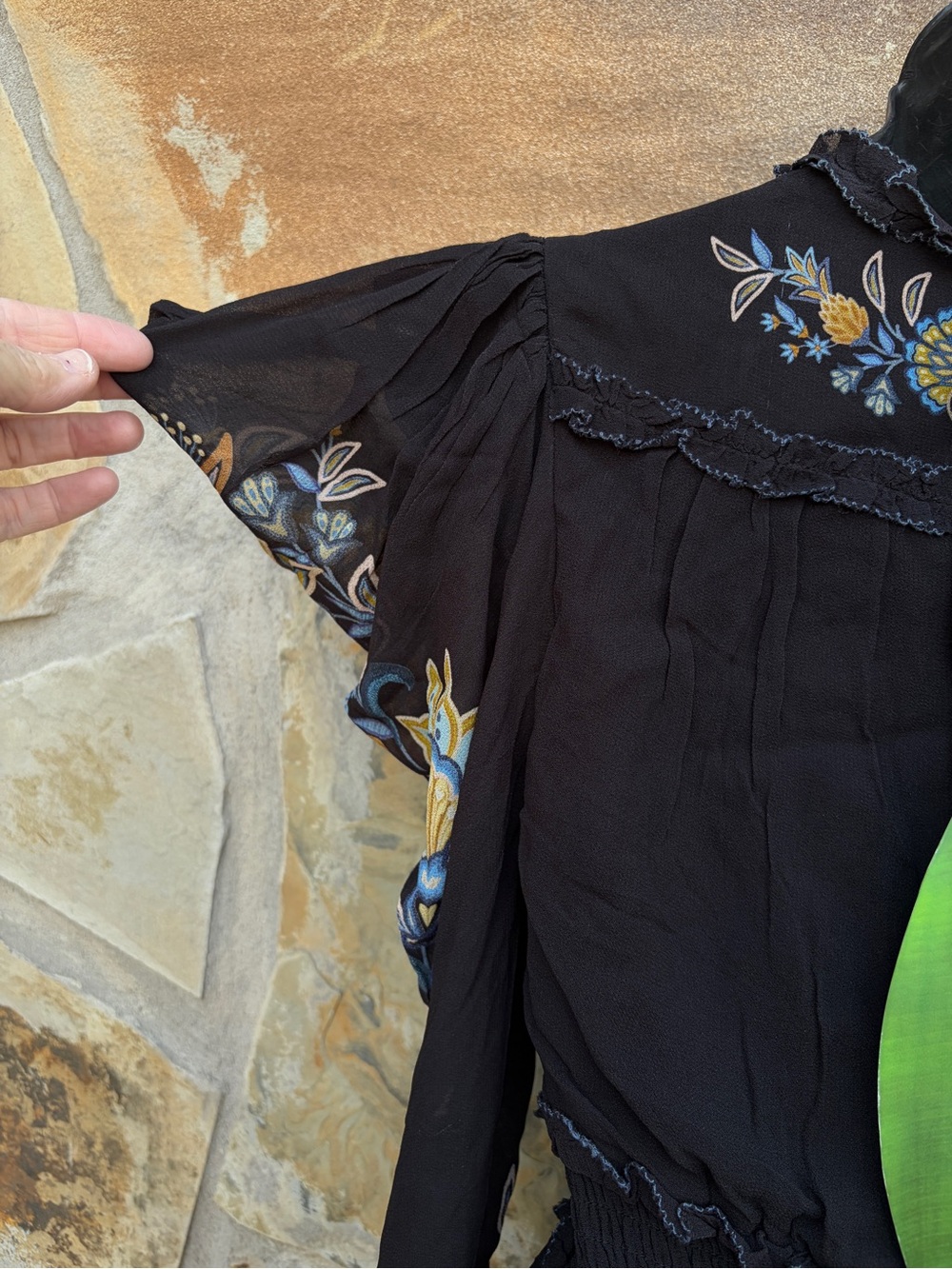 Farm Rio Black Stitched Garden Button Front Long Sleeve Mini Dress NWT XXS Fall - Picture 11 of 15